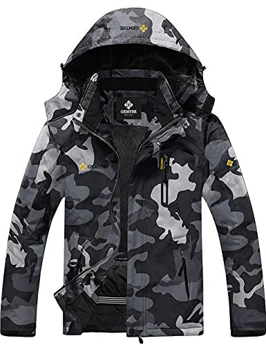 GEMYSE Herren Wasserdichte Berg-Skijacke Winddichte Fleece Outdoor-Winterjacke mit Kapuze (Camouglage 01,XL)