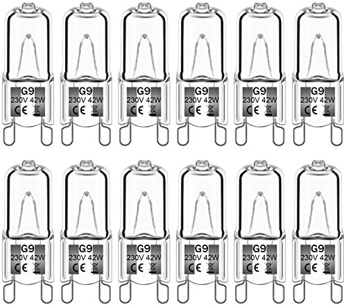 Haraqi 12 Pack G9 Halogen Bulbs 42W 230V 2800K Warm White 530lm,Clear Capsule Halogen Lamps Dimmable, No Strobe, No Flicker