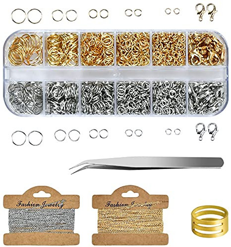 1040 Stk Biegeringe Spaltringe, 2 Gliederkette mit Kettenringe Karabinerverschlüssen Pinzette, 4-10 mm Metall-Biegeringen für Basteln Halsketten Armband, Gold & Silber
