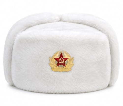 FAIRY TRENDZ LTD Russische Trappermütze mit Abzeichen, Einheitsgröße, Kunstfell, Uschanka-Kosaken-Ohrenklappen, warme Wintermütze