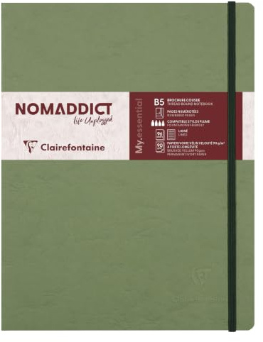 Clairefontaine 794463C - Notizbuch My.Essential Age Bag, Format B5 (19x25 cm), mit Fadenbindung, 96 Blatt nummeriert, liniert, Papier elfenbein 90g, Grün, 1 Stück