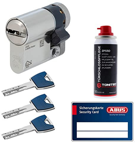 ToniTec Set aus ABUS Schließzylinder EC880 inkl. 3 Schlüssel modular verschiedenschließend Halbzylinder 10/45|Türzylinder Sicherheitsschloss mit Sicherungskarte und ToniTec Pflegespray