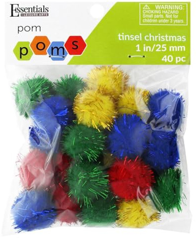 Essentials By Leisure Arts Pom Poms 1 Inch Tinsel Christmas 24 Pack – Fluffy Holiday Craft Supplies for Decorations & DIY Ornaments – Red Green Blue Yellow Colors