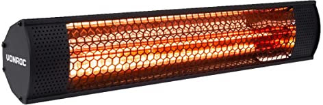 VONROC Stufa riscaldante a infrarossi 2000W da esterno. Per parete e soffitto. Con elemento anabbagliante. Modello Marsili Compact. Nero