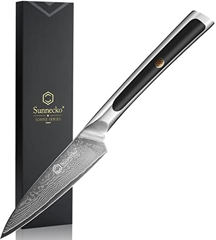 Sunnecko Damascus Paring Knife 3.5 Inch, Fruit Knife with 67-Layers Damascus Steel VG-10 Blade, Peeling Knife with Inlaid Handle Small Kitchen Knives for Cutting Fruit