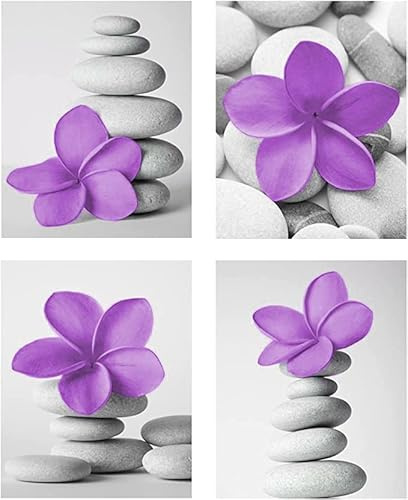 Genius Decor - Lila Wandkunst Bilder für Badezimmer Dekoration Zen Art Blume und Kieselstein Spa Drucke Lila Schlafzimmer Kunstwerk Leinwanddrucke, ungerahmt 4er Set (Lila, 20,3 x 25,4 cm)