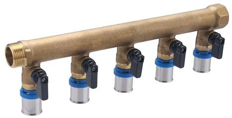 Colector macho-hembra 3/4 con 5 salidas multicapa a prensar Ø16 y válvulas | Latón | Conexión segura, duradera y precisa | Ideal para fontanería | Fácil instalación | QUICK PLOMBERIE