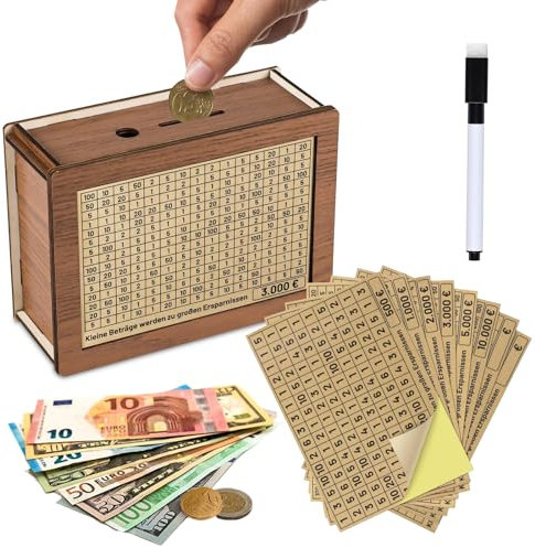 Gebrazy Hucha de Madera, Alcancía de Madera con Números y Objetivo de Ahorro para Ayudar a los Niños a Desarrollar el Hábito del Ahorro (€500, €1.000, €2.000, €3.000, €5.000, €10.000).