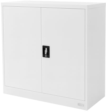 ML-Design Armadio per Archiviazione con Serratura Bianco 90x40x90 cm Acciaio Schedario 2 Ripiani Regolabili in Altezza Armadio per Ufficio a 2 Ante Mobiletto Portadocumenti Armadietto
