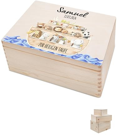 Bärenfreunde - Personalisierte Erinnerungsbox Baby mit Spezial-Druck - Individuelle Baby Erinnerungsbox - Erinnerungskiste Taufe - Geschenk zur Taufe (S | Klappdeckel,Taufe Boot Tiere)