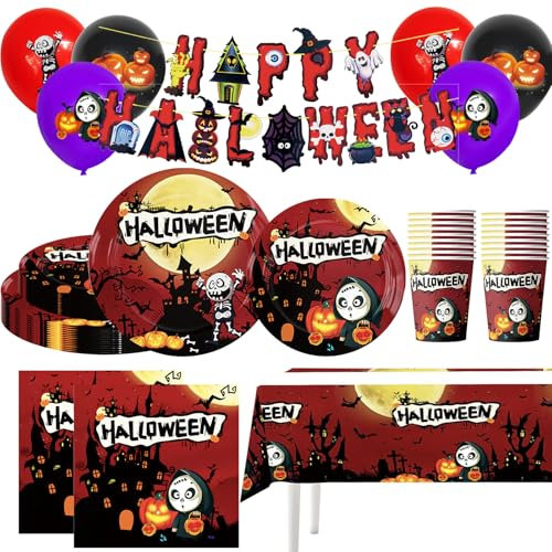 MORAINJAY 88 Pezzi Set Stoviglie Halloween di Carta,Rosso e Nero,Decorazioni Tavola per Halloween Feste con Piatti,Bicchieri,Tovaglioli,Tovaglia,Banderone e Palloncini,Servizio per 16 Ospiti