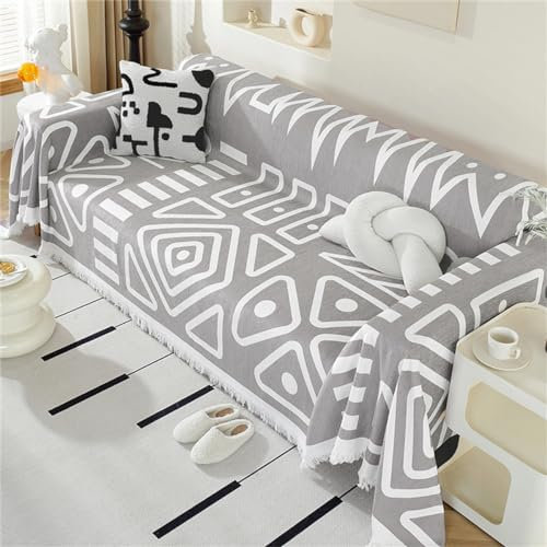 Juego de cobija de algodón con diseño geométrico bohemio para sofá, grande, 1/2/3/4 plazas, antiincrustante, antideslizante, para sala de estar, dormitorio, cama, doble, color crema y gris, 180 x 420