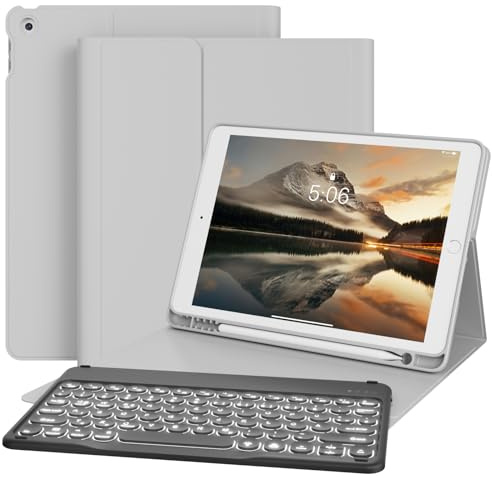 GKABXY hülle mit Tastatur für iPad 9/8/7 Generation 10,2, 2021/2020/2019 | weiche TPU Rückseite Gehäuse mit Stifthalter, 7 Farben Beleuchtete Magnetische Abnehmbare Tastatur, QWERTZ-Layout, Grau