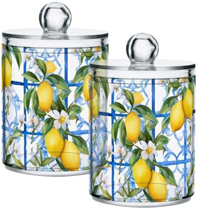 CHIFIGNO Juego de 2 dispensadores de limones y flores en acuarela, frascos de boticario de plástico transparente para bolas de algodón, hisopo, hilo dental, esponjas de maquillaje, clip para el