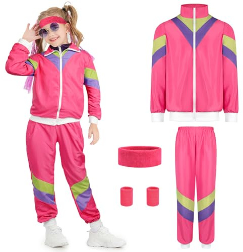 AYBUY Disfraz Niños Chandal, Disfraz de Chándal de Los Años 80 Con Bolsillos, Chaqueta y Pantalón con Diadema y Muñequera, Estilo Retro, Disfraz para Grupo, Fiesta Temática, Rosa Roja S (110-125cm)