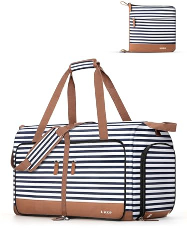 Lekesky Bolsa de viaje plegable grande – Bolsa de equipaje impermeable con compartimento para zapatos, bolsa de deporte de fin de semana para mujeres y hombres, A rayas azules, 30L, Bolsa de viaje