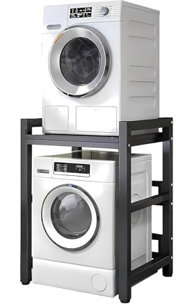 Drum Washing Machine Storage Rack, Height Adjustable Dryer Stand - Stacking Kit with 600KG Load Capacity - Over Washer Storage Rack for Front Loader Washing Machines Tumble Dryers (Black Frame+Black)