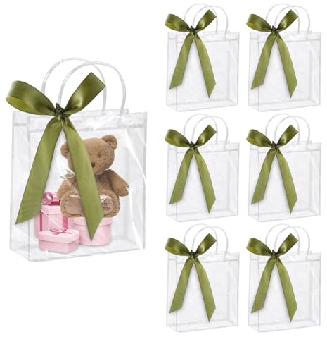 6 Stück Geschenktüten durchsichtig mit Schleifen, 16× 15× 7 cm kleine klare Geschenkverpackungstaschen Plastiktüten mit Henkel(Grün Schleifen)