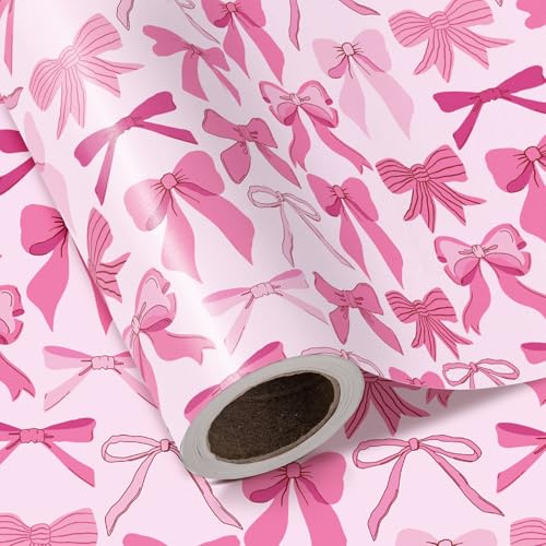 Ruspepa Rosa rosett omslagspapper rulle – minirulle – 43,2 cm x 5 m – vacker rosa rosett design perfekt för alla hjärtans dag, flickors födelsedag, babyshower
