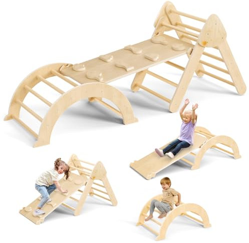 CUPCHID 7 in 1 Set da Arrampicata per Bambini,Arco di Arrampicata e Scivolo, Triangolo di Legno per Bambini da 1 a 3 Anni, Giocattolo di Arrampicata per Interni (Legno)