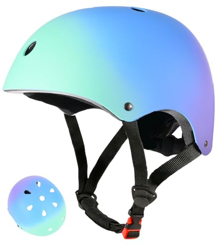 LOKJIJI Casco da bici regolabile per bambina bambini Con gradiente di colore, Casco protettivo per ragazze ragazzi per multisport skateboard monopattino ciclismo pattinaggio (Verde Blu, M)