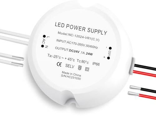 Transformador 220V a 24V 24W, 1A Fuente Alimentacion 24V, Transformador 24V LED Driver Controlador AC a DC, IP66 Impermeable Fuente de Alimentación Voltaje Constante para GU5.3 MR16 Bombillas Luc