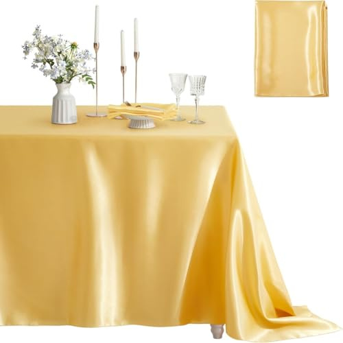 GreatRise Satin Tischdecke Rechteckig Tischtuch Abwaschbar Tischdecken Tafeldecke Fleckschutz Tischwäsche Satinstoff für Hochzeit Bankett Geburtstag Party Esszimmer Garten Outdoor Gold 152×213cm