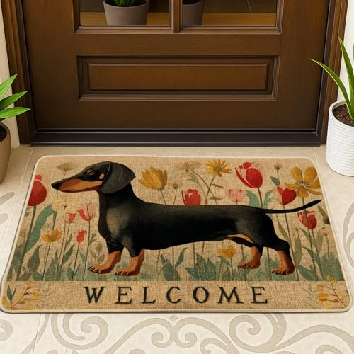 Fußmatte mit Dackel-Motiv, schwarz, mit Blumenmuster, für Frühling, Außen- und Inneneingang, Dekoration, rutschfest, staubabsorbierend, leicht zu reinigen, 73,2 x 43,2 cm