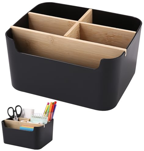 Qixora 5 Fächer Bambus Büro Organizer, Schreibtisch Organizer,Stiftehalter, Holz Desktop Stift Organizer, Bambus Tisch organizer für Kosmetika, Smartphones, Stifte, Kleine GegenstäNde Verwendet Werden