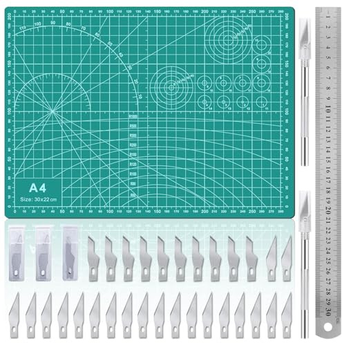 Miuzei A4 Schneidematte Set, Selbstheilende Craft Mat & Cutting Mat für Basteln und Nähen, 30-teilig mit Bastelmesser, Skalpell & Stahllineal, Ideal für DIY-Projekte, Papier, und Modellbau