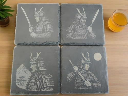 Untersetzer Gläser 4er Set - Samurai - glasuntersetzer - bierdeckel - Schiefer Untersetzer Square - Japan - Japanische Deko - Tischuntersetzer - Tassenuntersetzer - Schieferuntersetzer - glanvostric