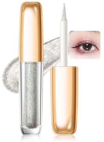 Erinde Eye Liner Pailleté Argenté, Eyeliner Liquide Waterproof et Ombre à Paupières Scintillante, Maquillage Métallique Longue Tenue, Séchage Rapide et Haute Pigmentation #01