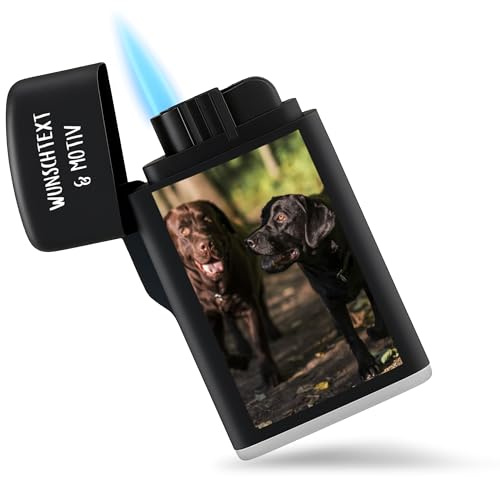Feuerzeug Sturmfeuerzeug - Hunde - Haustier Geschenk mit Foto und Text personalisiert I Hundeliebhaber Geschenk Hundebesitzer selbst gestalten I Katzenliebhaber I Hundemama - 6,5 x 4 cm - Schwarz