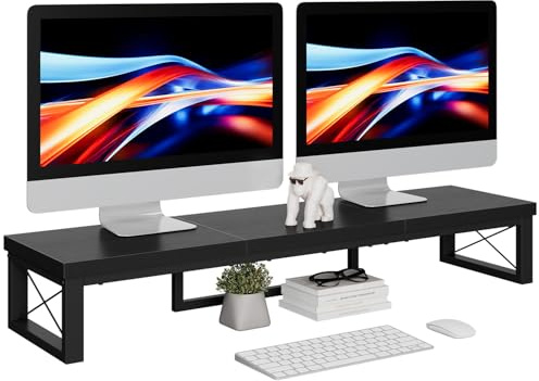 IBUYKE Soporte Doble Monitor Escritorio, 97cm Madera de Elevador Monitor Soporte, Doble Pantalla Oficina de Escritorio, apto para PC, Impresoras, Portátiles y TV, Accesorios Ordenador, Negro TDJ002B