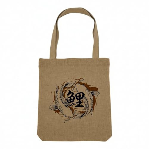 Shopping tote bag linne look - japansk kollektion original asien kultur manga illustration mat Tokyo - shoppingväska tjock duk 360 g naturlig beige cabas sliten solid axel tryckt i, Koi, 34 x 40 cm