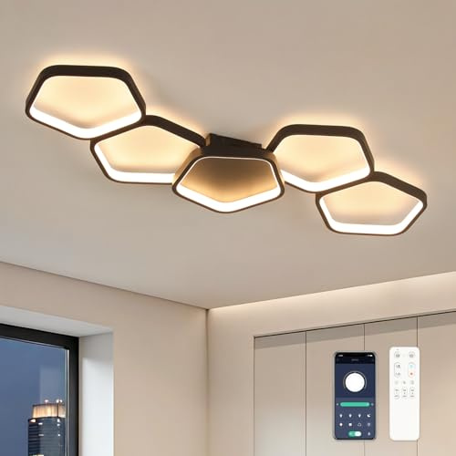 Kuwork Lampara de Techo Salon, Plafon LED Techo Moderno 85cm, 54W, 3000K–6500K Regulable, con Mando a Distancia y App, Luz Nocturna y Función Memoria, Negro, para Dormitorio y Cocina