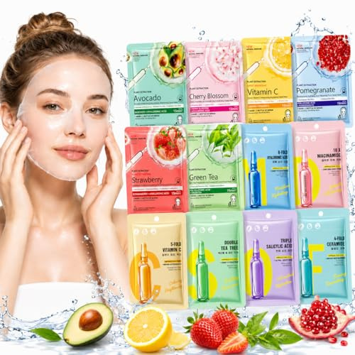 Lot de 12 Masque Visage, Masques Tissus Hydratants Et Repulpants, Hydratation Intense & éclat, Affine les pores, Réduit les ridules, l'élasticité de la peau, Cadeaux pour Femmes Adolescentes