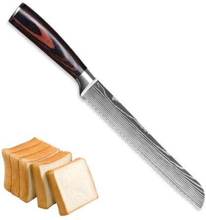 brödkniv med tandad egg 33 cm tillverkad av högkvalitativt rostfritt stål, extra vasst knivblad med ergonomiskt trähandtag