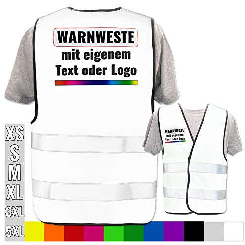 Warnweste selbst gestalten mit eigenem Aufdruck * Bedruckt mit Name Text Bild Logo Firma, Position & Druckart:Rücken + Front/Premium-Druck, Farbe & Größe:Weiß/Größe XL/XXL