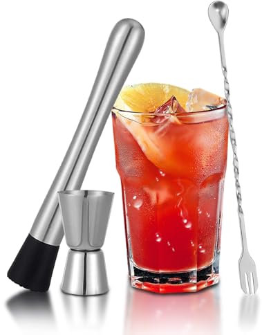 TNCO Muddler for Cocktails, 10'' Cocktail Muddler for Cocktails With Cocktail Spoon Long Handle and Jigger 0.5/1 OZ, Bar Accessories Tools for Mojitos Fruit Drinks