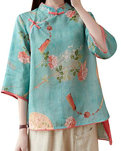 Chemisier chinois à manches 3/4 pour femme - Col mandarin traditionnel - Ethnique - Coton et lin - Qipao, bleu, Taille L