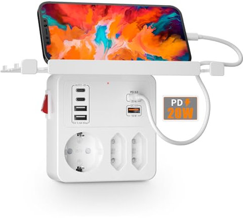 PD20W Steckdose mit Schalter, 3-Fach Mehrfachsteckdose Wandmontage mit PD 20W und QC18W Schnellladung,6 USB C Wand Steckdosenleiste mit Handyhalterung und Ladegerät Doppelstecker für Steckdose,Weiß