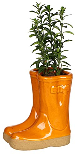 Dibor Small Orange Ceramic Double Wellington Boot Indoor Outdoor Plant Pot | Ceramic, Wellington Boot Planter, Plant Pot, Flower Pot, Planter, Drainage Hole, Removable Stopper