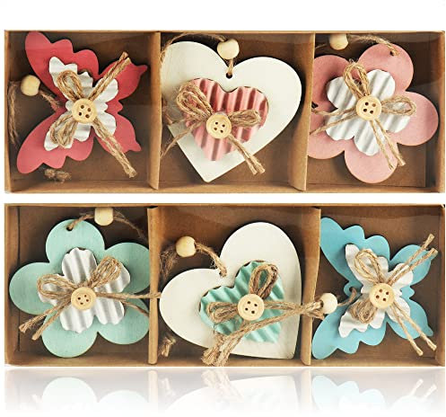 com-four® 6X Dekoaufhänger Schmetterling, Blume und Herz - Holzaufhänger zum Dekorieren - Frühlingsdekoration für den Osterstrauch (6 Stück - 5 Farben)