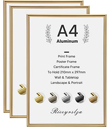 Rieeyrslza A4 Marco para Foto Aluminio Juego de 3 Marco de Fotos Certificados con Lámina Deflector Transparente Marcos para Pósteres Decoración Hogar(Champán)
