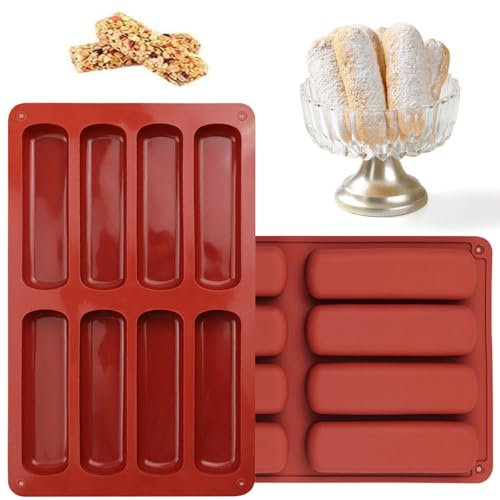 2 Moldes Rectangulares de Silicona Con 8 Cavidades para Barras de Cereal, Bizcochos, Magdalenas y Pasteles - Molde de Horno para Hornear Barritas