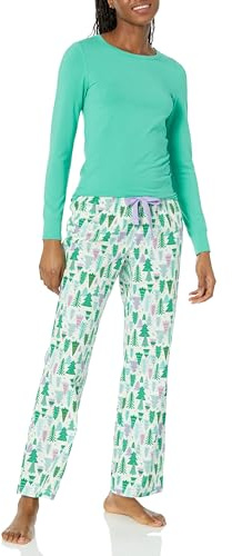 Amazon Essentials Conjunto de dormir ligero de franela para mujer y camiseta de manga larga, color crudo árbol festivo, talla XXS