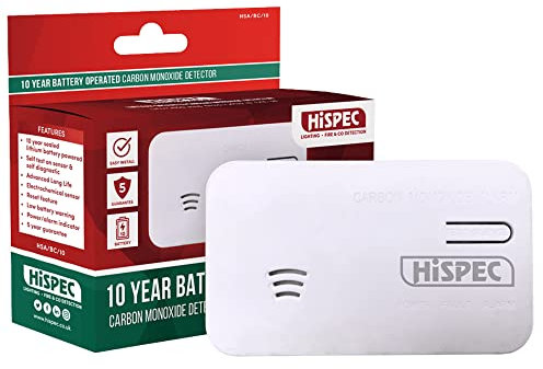 Hispec HSA/BC/10 Lihtium Battery Powered Carbon Monoxide Detector, Electrochemical Sensor, 50ppm Warning, 10 Year Life, UKCA & CE Compliant