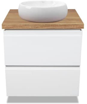 VBChome Linda - Mobili da bagno, 60 cm, colore: bianco, mini lavabo da appoggio senza foro per rubinetto, 40 x 30 cm, piccolo lavabo con mobiletto per lavabo, 2 cassetti, modulo, moderno