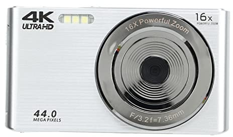 Appareil Photo Numérique 4K, Caméra Vidéo HD 44MP avec écran LCD de 2,8 Pouces, Caméra à Zoom Numérique 16X, Lumière de Remplissage Intégrée, Caméra Compacte à Point et à Tirer (Argent)